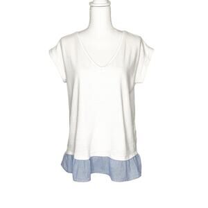 LOFT White V-Neck Short Sleeve Top Blue White Striped Ruffle Hem Medium